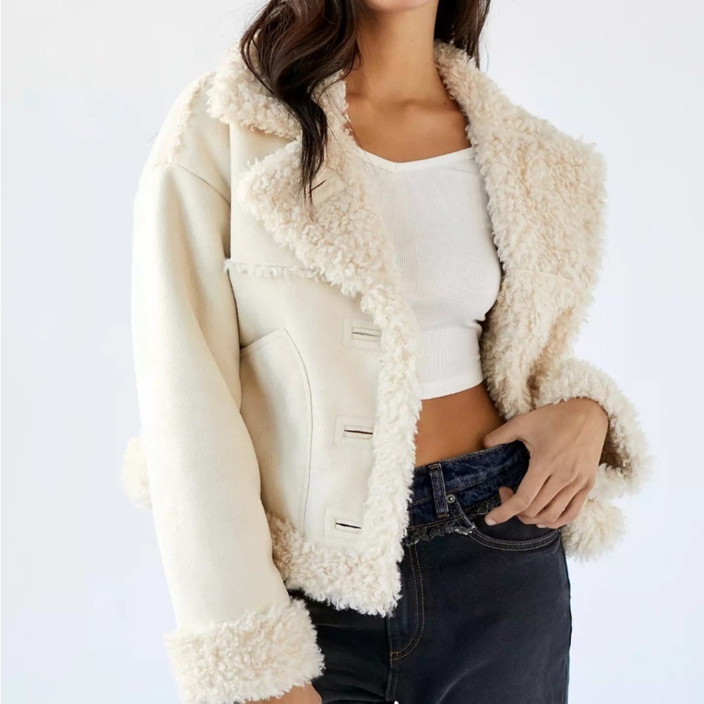 UO Faux Shearling Cream Cropped Jacket